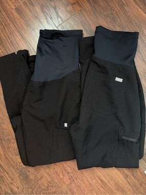 Figs Black Maternity Scrub Pants with over the belly Waist Panel - 2 pairs